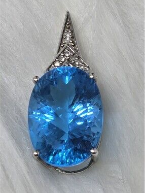 10K White Gold Large Blue Topaz Diamond Pendant 10 Ct Oval